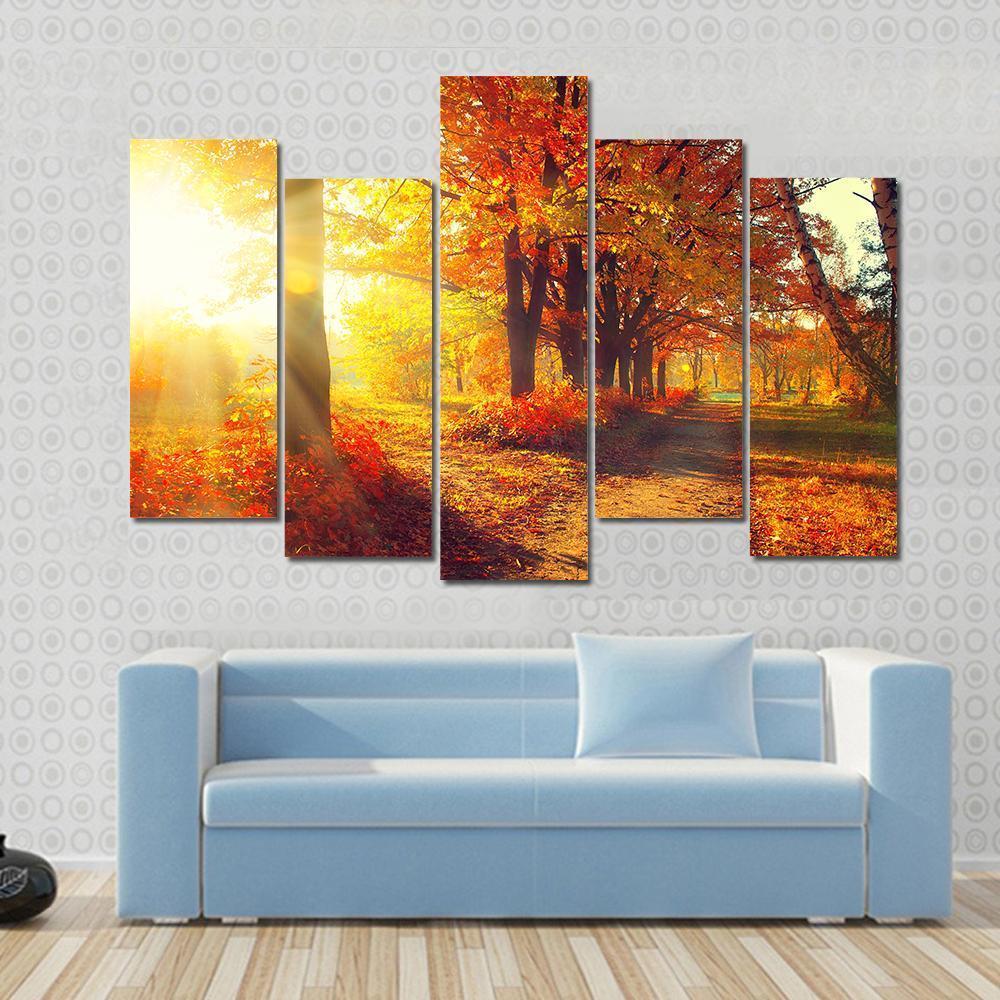 Sun Rays In Autumn Park Canvas Wall Art-5 Pop-Gallery Wrap-47" x 32"-Tiaracle