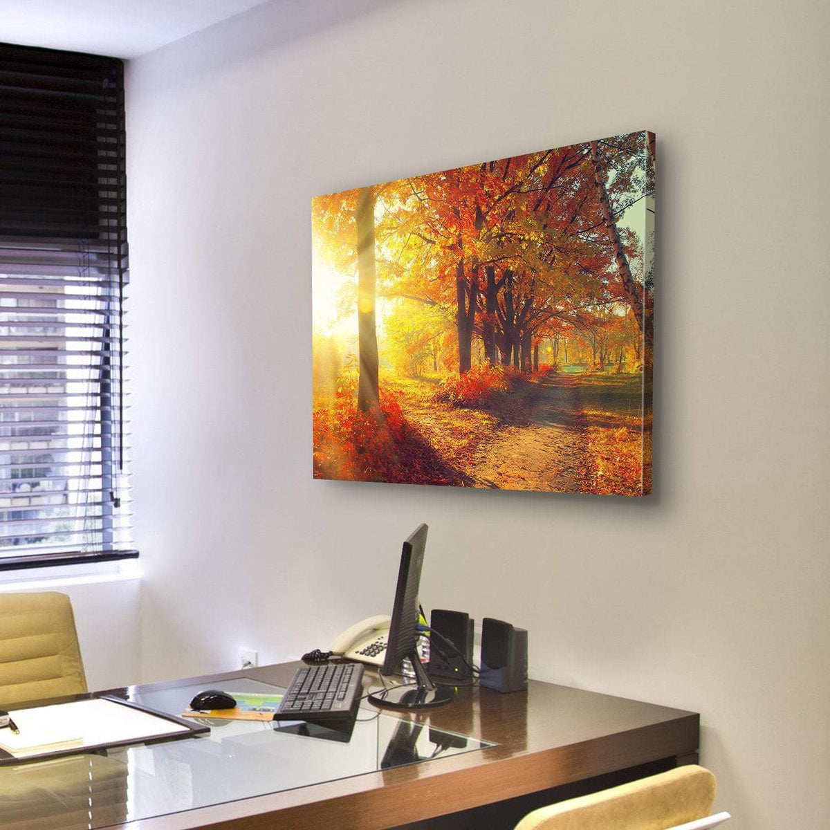 Sun Rays In Autumn Park Canvas Wall Art-3 Horizontal-Gallery Wrap-25" x 16"-Tiaracle