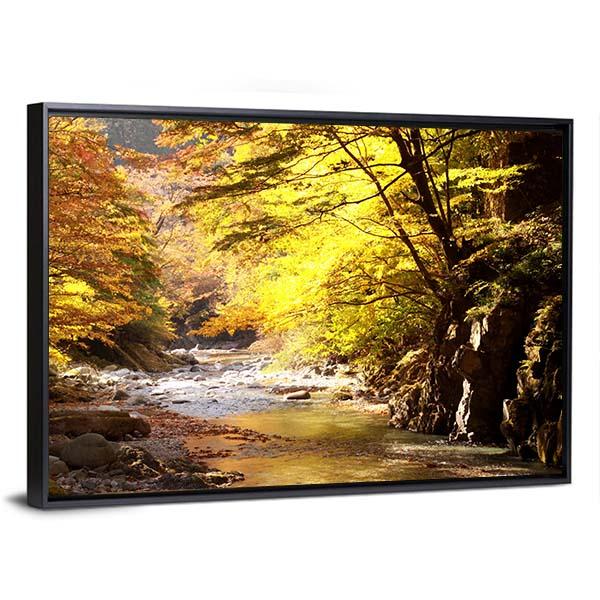 Autumnal Leaves &amp; Stream Canvas Wall Art-5 Horizontal-Gallery Wrap-22" x 12"-Tiaracle