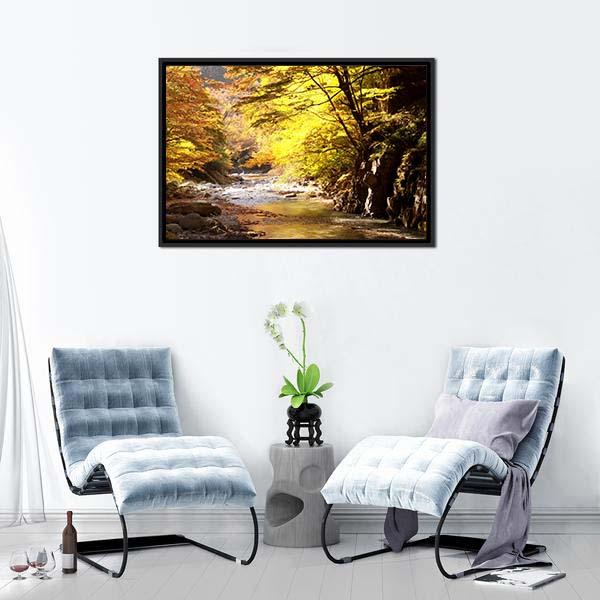 Autumnal Leaves &amp; Stream Canvas Wall Art-5 Horizontal-Gallery Wrap-22" x 12"-Tiaracle