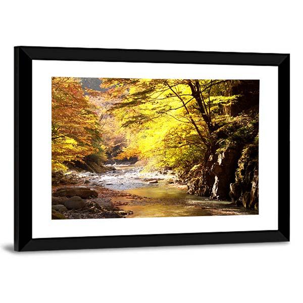 Autumnal Leaves &amp; Stream Canvas Wall Art-5 Horizontal-Gallery Wrap-22" x 12"-Tiaracle
