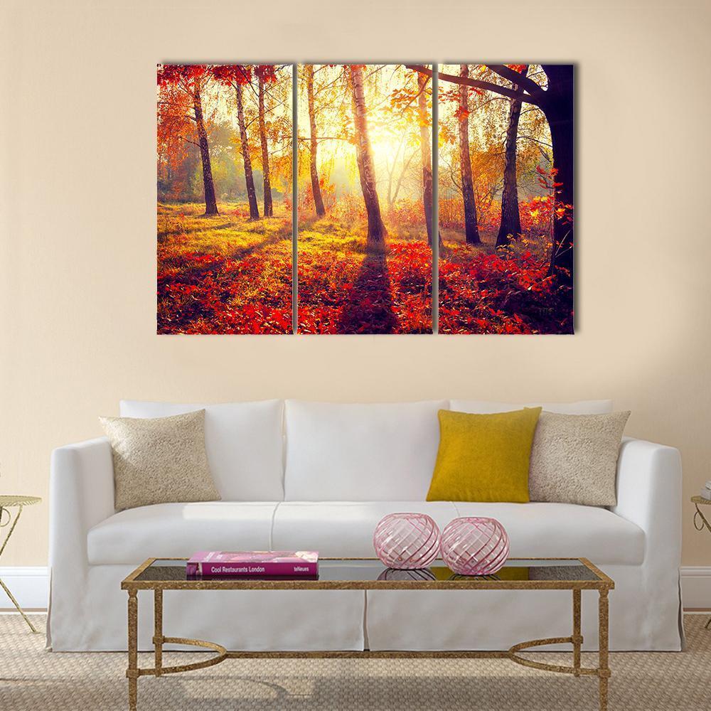 Autumnal Trees In Sun Rays Canvas Wall Art-3 Horizontal-Gallery Wrap-37&quot; x 24&quot;-Tiaracle