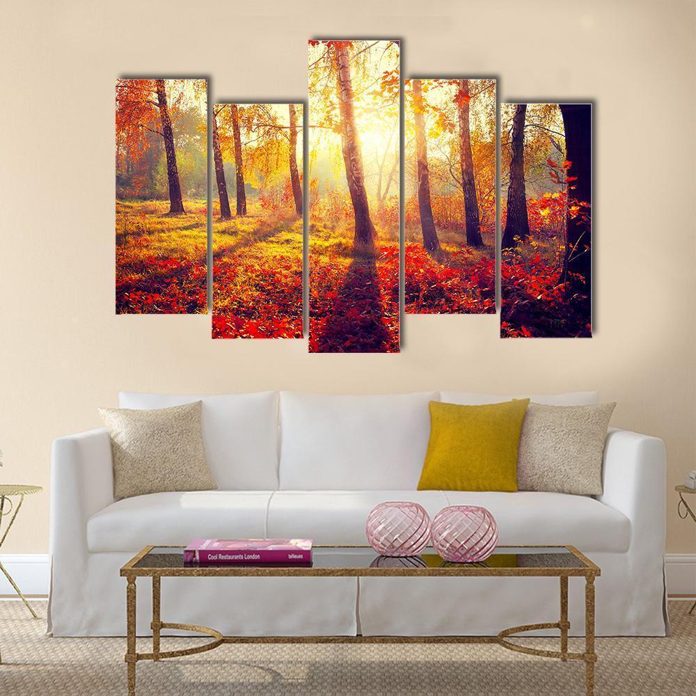 Autumnal Trees In Sun Rays Canvas Wall Art-5 Pop-Gallery Wrap-47" x 32"-Tiaracle