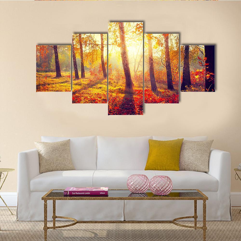 Autumnal Trees In Sun Rays Canvas Wall Art-5 Star-Gallery Wrap-62&quot; x 32&quot;-Tiaracle