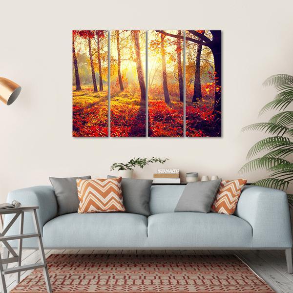Autumnal Trees In Sun Rays Canvas Wall Art-4 Horizontal-Gallery Wrap-34" x 24"-Tiaracle