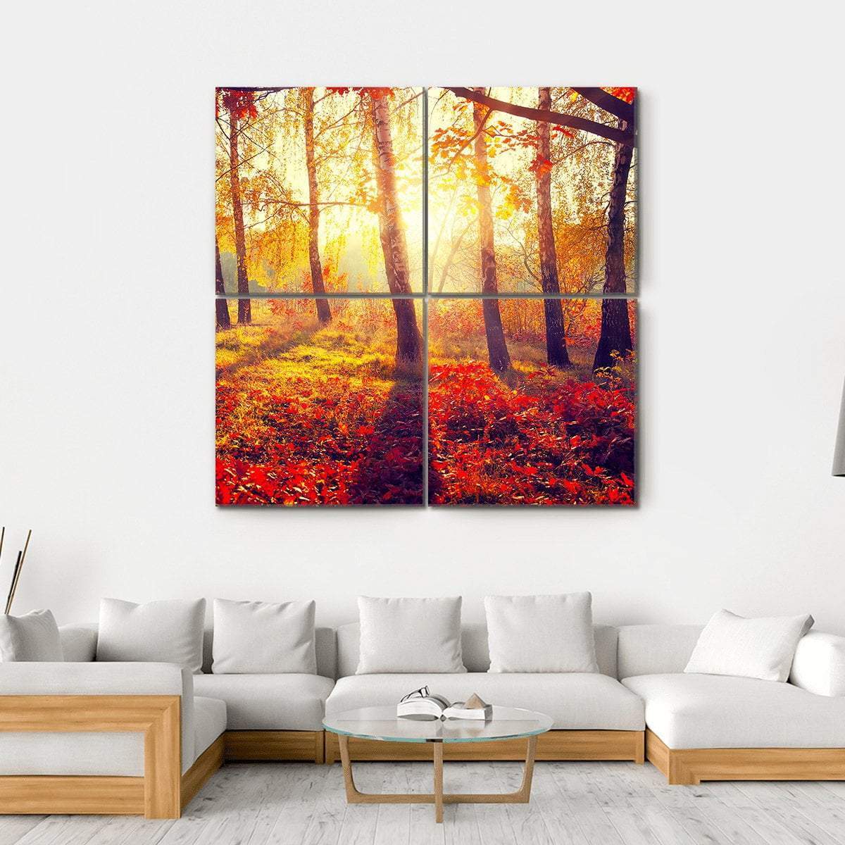 Autumnal Trees In Sun Rays Canvas Wall Art-4 Square-Gallery Wrap-17" x 17"-Tiaracle
