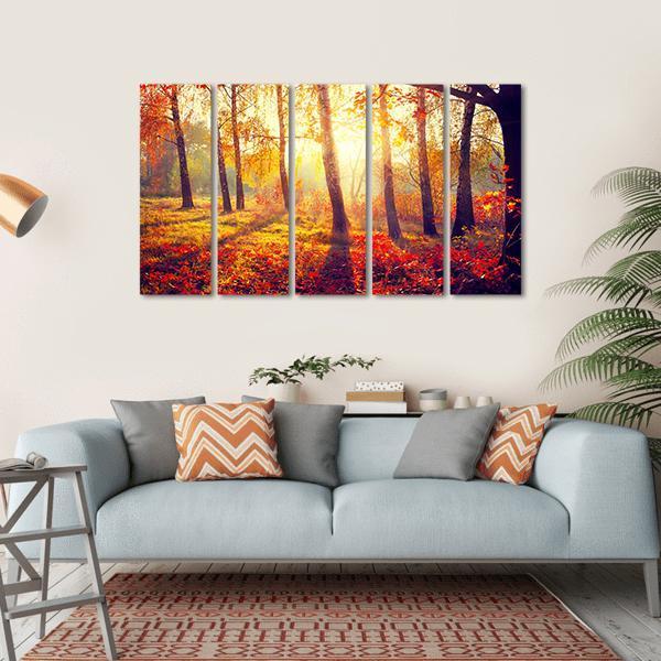 Autumnal Trees In Sun Rays Canvas Wall Art-5 Horizontal-Gallery Wrap-22" x 12"-Tiaracle