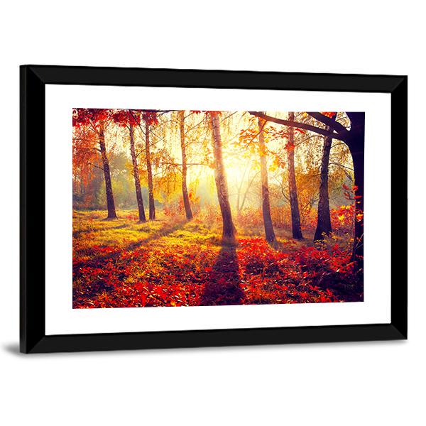 Autumnal Trees In Sun Rays Canvas Wall Art-3 Horizontal-Gallery Wrap-25&quot; x 16&quot;-Tiaracle