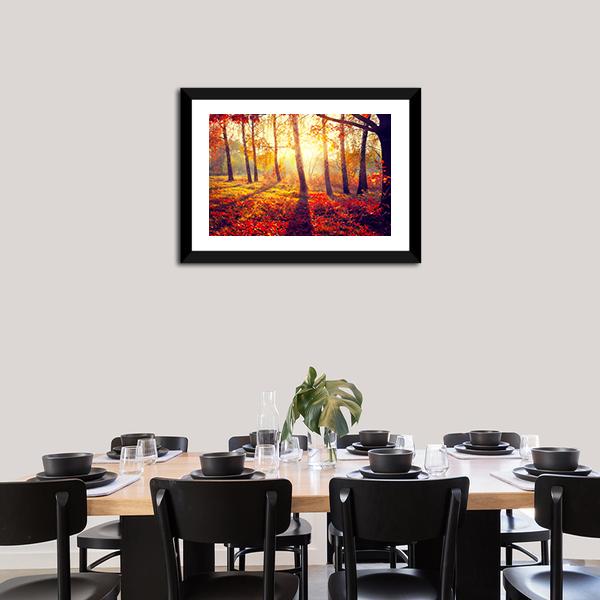 Autumnal Trees In Sun Rays Canvas Wall Art-3 Horizontal-Gallery Wrap-25&quot; x 16&quot;-Tiaracle