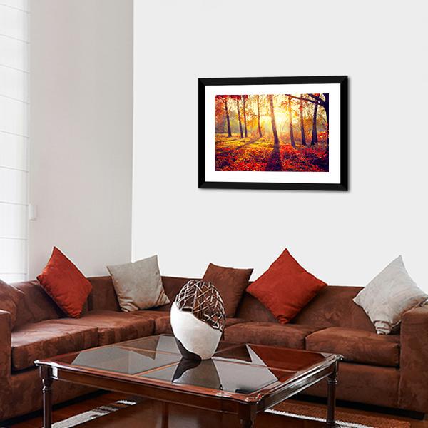 Autumnal Trees In Sun Rays Canvas Wall Art-3 Horizontal-Gallery Wrap-25" x 16"-Tiaracle