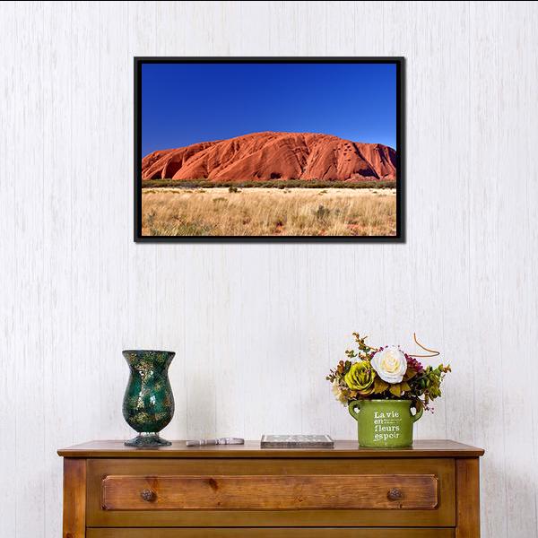 Ayers Rock Uluru Desert Landscape Canvas Wall Art in beige, red and blue, framed canvas, product view on a white background