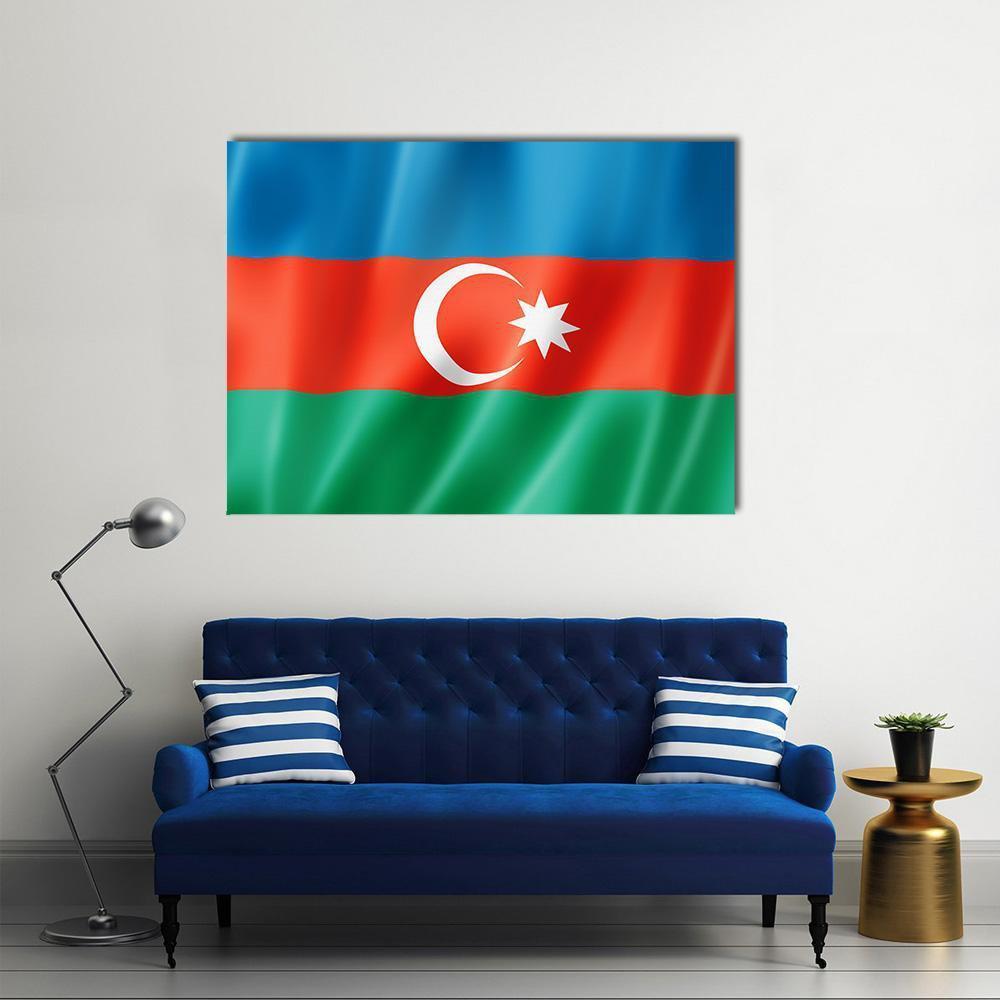Azerbaijan Flag Canvas Wall Art in red, green and blue, single panel hung on a wall