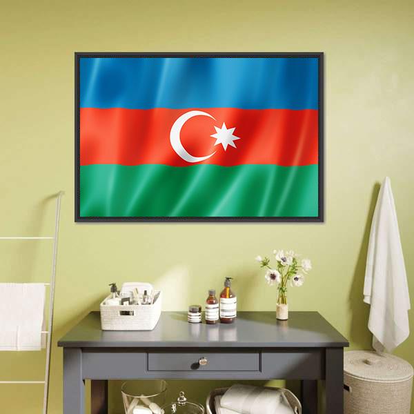 Azerbaijan Flag Canvas Wall Art in red, green and blue, framed canvas, product view on a white background