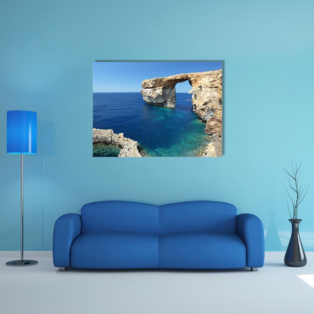 Azure Window Natural Arch Canvas Wall Art in beige, brown and blue, single panel hung on a wall