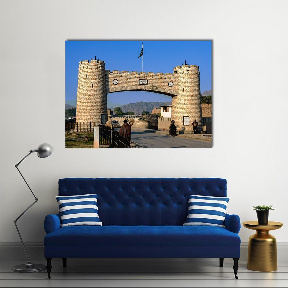 Bab-e-khyber Gate, Peshawar Canvas Wall Art in beige, brown and blue, single panel hung on a wall