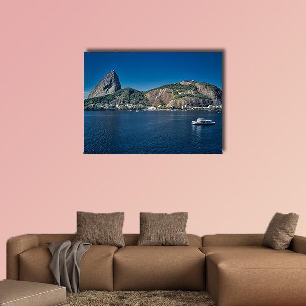 Sugarloaf Mountain Over Guanabara Bay Canvas Wall Art in brown, green and blue, single panel hung on a wall