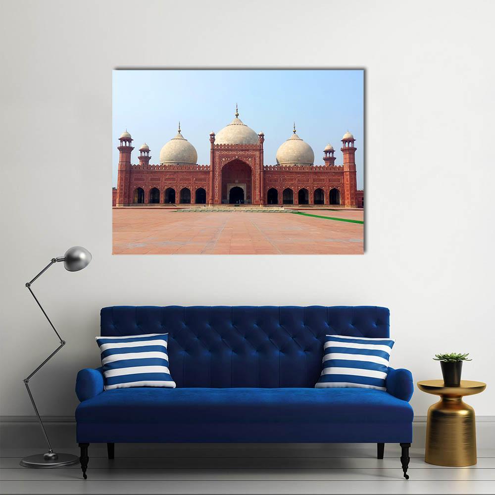 Badshahi Mosque Canvas Wall Art in beige, brown and blue, single panel hung on a wall