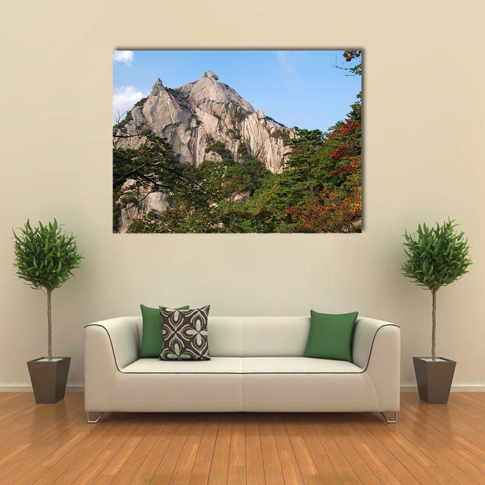 Bukhansan Peaks in Seoul Canvas Wall Art in gray, green and blue, single panel hung on a wall