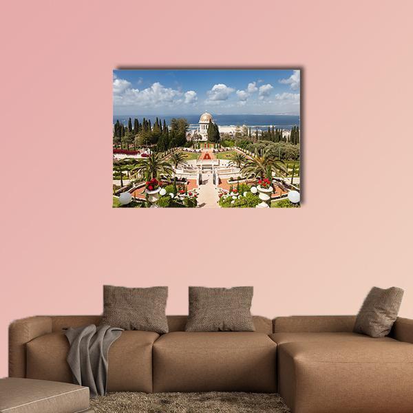 Bahai Garden, Israel Canvas Wall Art in green and blue, single panel hung on a wall