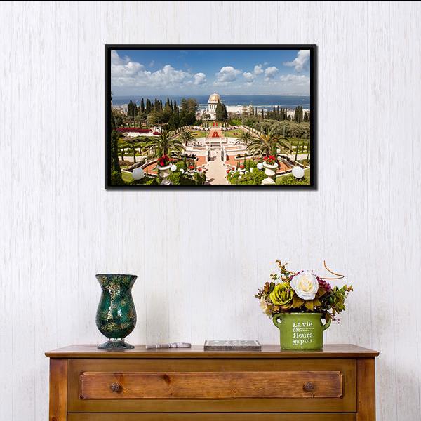 Bahai Garden, Israel Canvas Wall Art in green and blue, framed canvas, product view on a white background