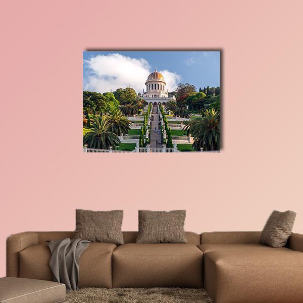 Baháʼí Gardens Golden Dome, Haifa Canvas Wall Art in white, green and blue, single panel hung on a wall