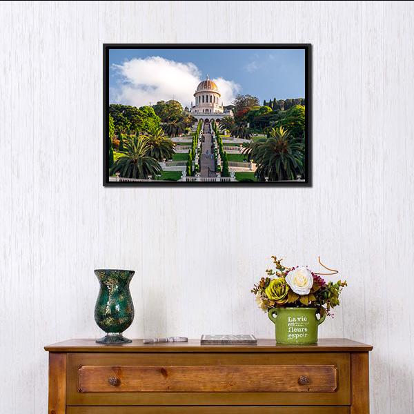 Baháʼí Gardens Golden Dome, Haifa Canvas Wall Art in white, green and blue, framed canvas, product view on a white background