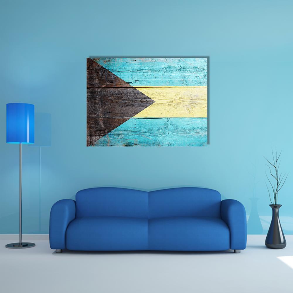 Bahamas Flag on Weathered Wood Canvas Wall Art in black, yellow and blue, single panel hung on a wall