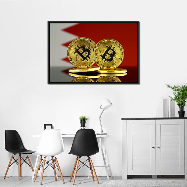 Bahrain Flag With Bitcoin Canvas Wall Art-1 Piece-Floating Frame-24" x 16"-Tiaracle