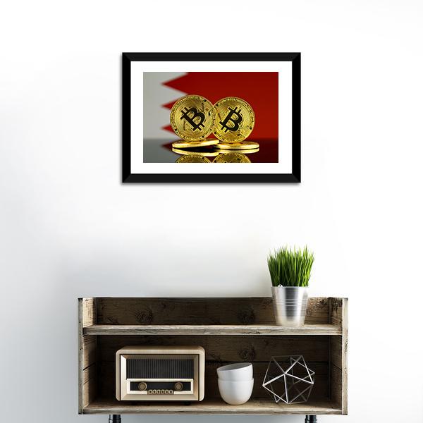 Bahrain Flag With Bitcoin Canvas Wall Art-1 Piece-Framed Print-20" x 16"-Tiaracle