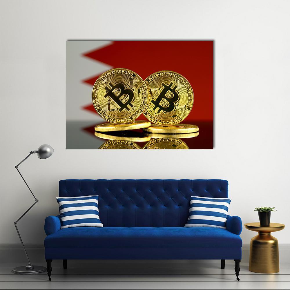 Two Bitcoin Coins Over Bahrain Flag Canvas Wall Art in white, gold and red, single panel hung on a wall