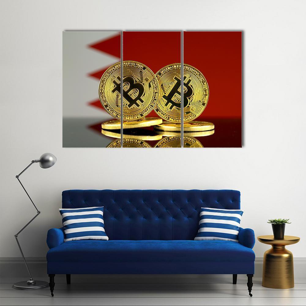 Bahrain Flag With Bitcoin Canvas Wall Art-4 Pop-Gallery Wrap-50" x 32"-Tiaracle