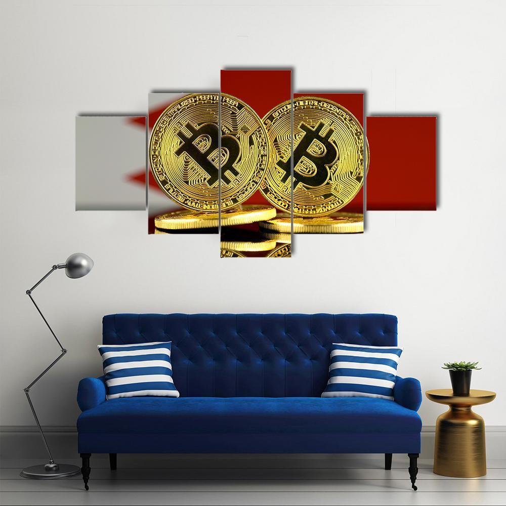 Bahrain Flag With Bitcoin Canvas Wall Art-5 Star-Gallery Wrap-62" x 32"-Tiaracle