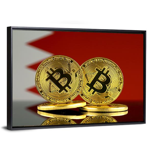 Bahrain Flag With Bitcoin Canvas Wall Art-3 Horizontal-Gallery Wrap-25" x 16"-Tiaracle