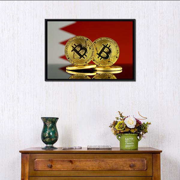 Bahrain Flag With Bitcoin Canvas Wall Art-1 Piece-Floating Frame-24" x 16"-Tiaracle