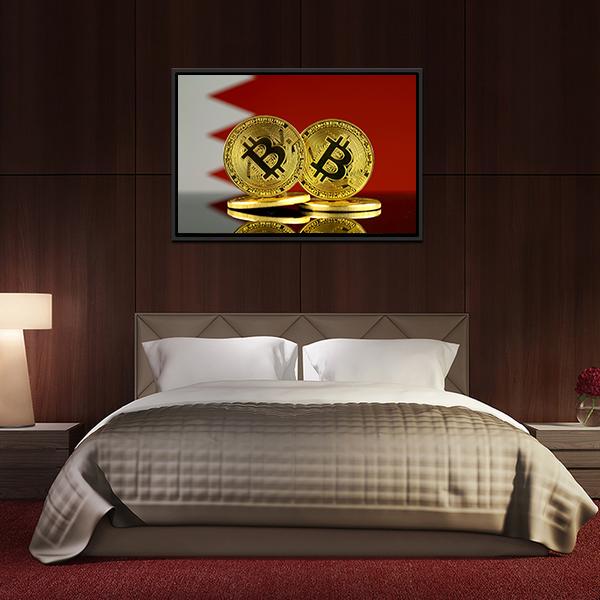 Bahrain Flag With Bitcoin Canvas Wall Art-3 Horizontal-Gallery Wrap-25" x 16"-Tiaracle