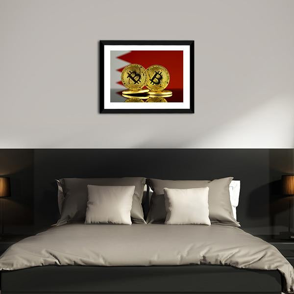 Bahrain Flag With Bitcoin Canvas Wall Art-3 Horizontal-Gallery Wrap-25" x 16"-Tiaracle