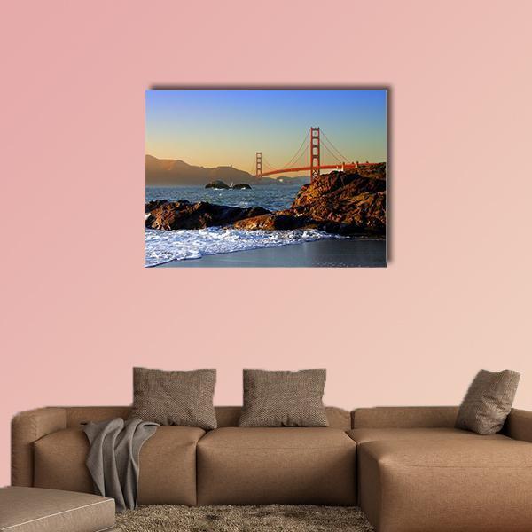 Golden Gate Bridge at Sunset Canvas Wall Art in brown, orange and blue, single panel hung on a wall
