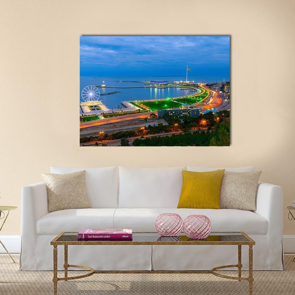 Baku Night Over the Caspian Bay Canvas Wall Art in orange, green and blue, single panel hung on a wall