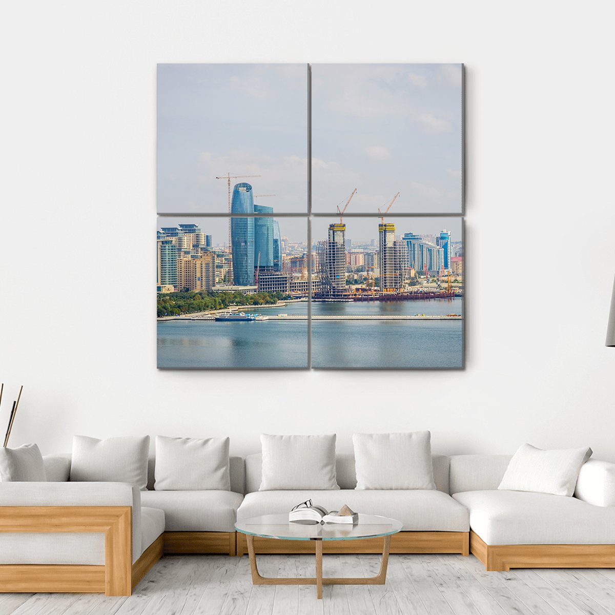 Baku Skyline With Caspian Sea Canvas Wall Art-4 Square-Gallery Wrap-17" x 17"-Tiaracle