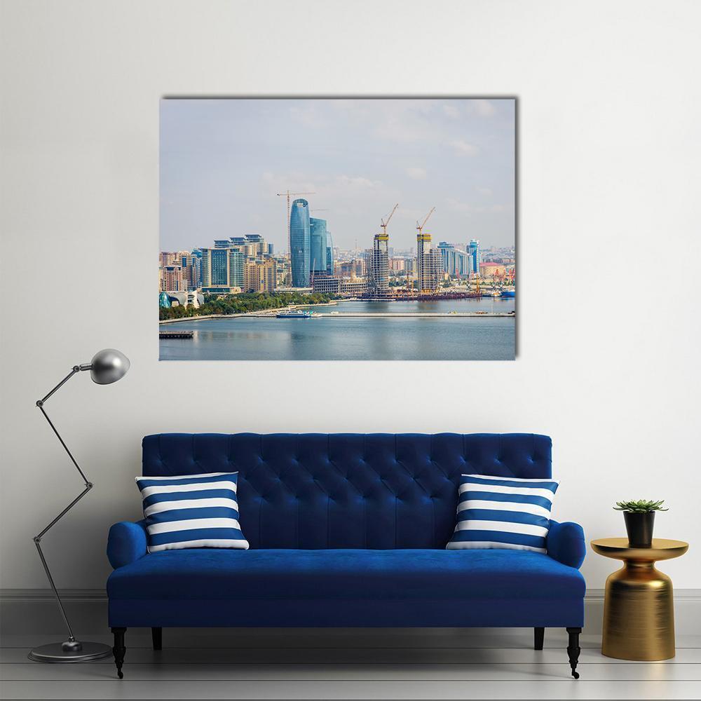 Baku Skyline Over the Caspian Sea Canvas Wall Art in white, gray and blue, single panel hung on a wall