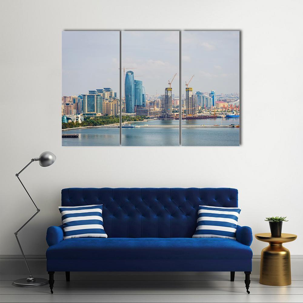 Baku Skyline With Caspian Sea Canvas Wall Art-3 Horizontal-Gallery Wrap-37" x 24"-Tiaracle