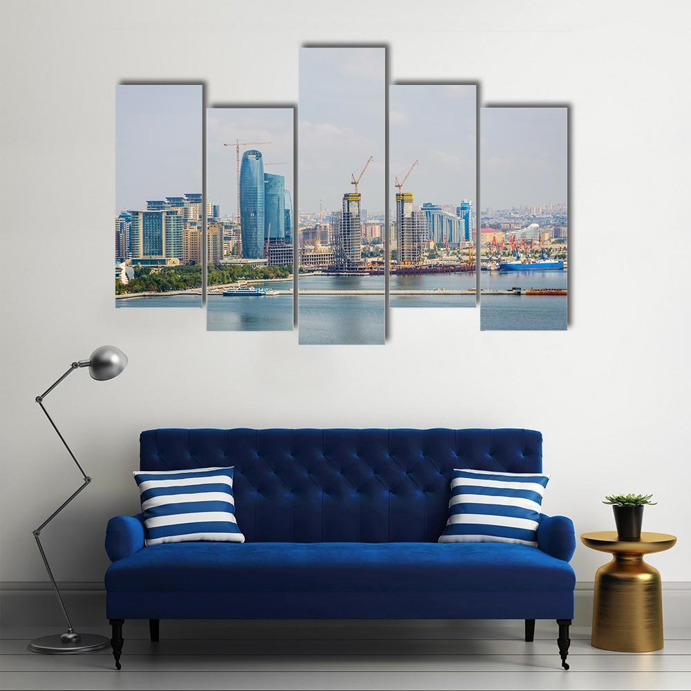 Baku Skyline With Caspian Sea Canvas Wall Art-5 Pop-Gallery Wrap-47" x 32"-Tiaracle