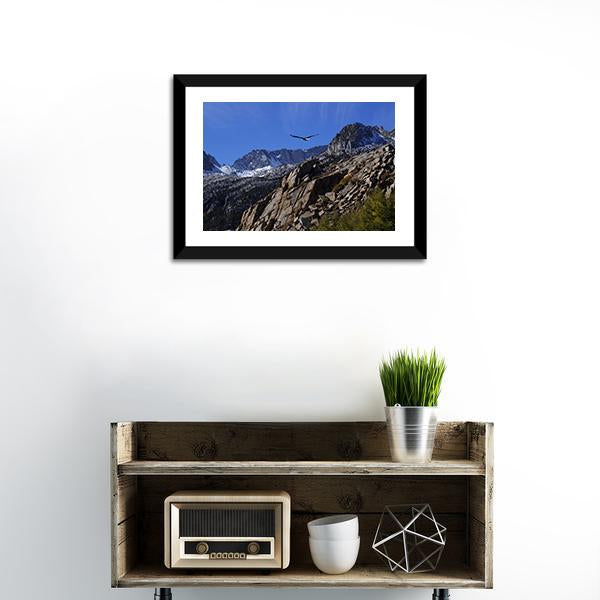 Bald Eagle Soaring Over Rocky Peaks Canvas Wall Art-1 Piece-Framed Print-20" x 16"-Tiaracle
