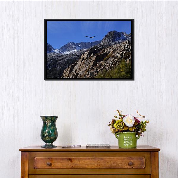Bald Eagle Soaring Over Rocky Peaks Canvas Wall Art-1 Piece-Floating Frame-24" x 16"-Tiaracle