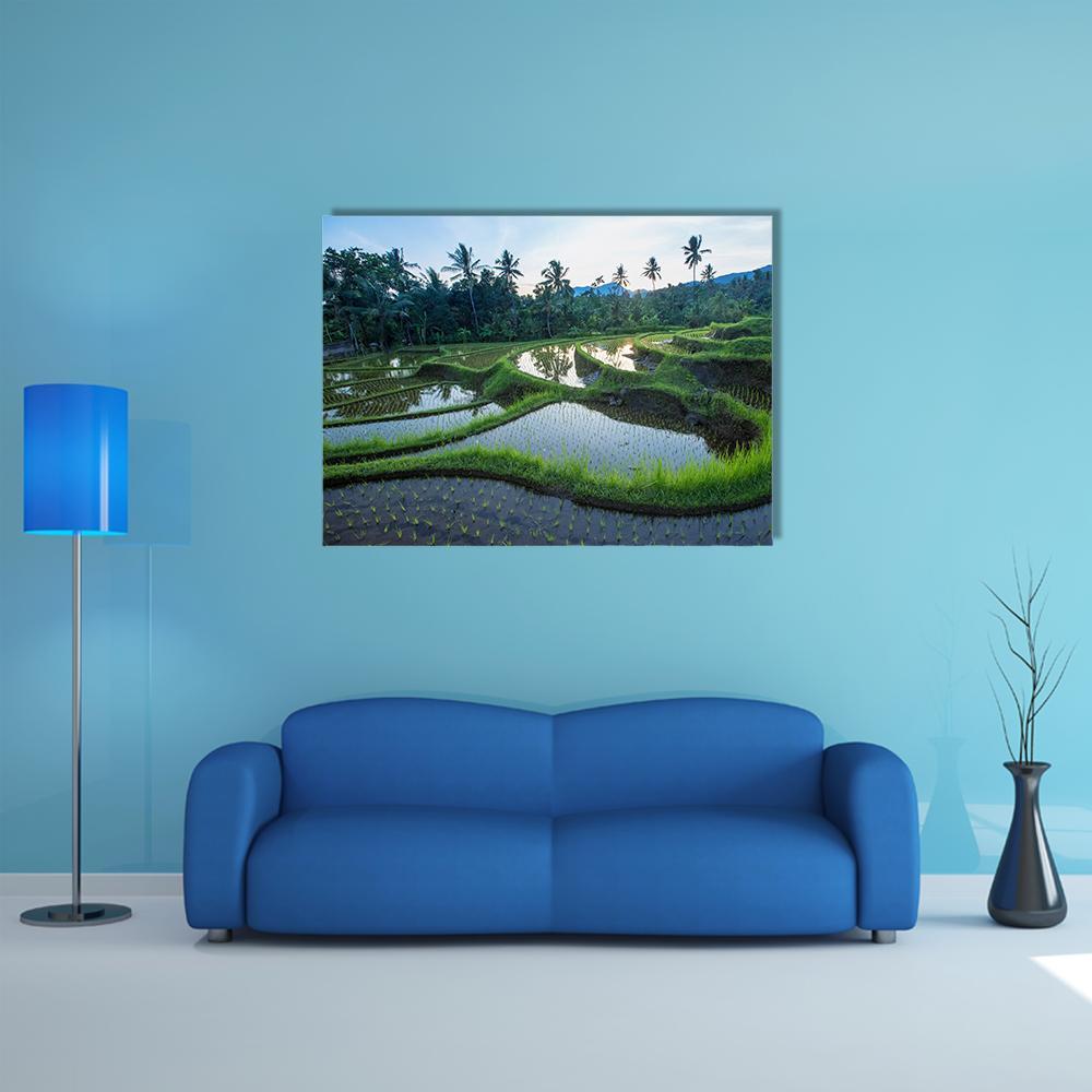 Bali Rice Terraces Canvas Wall Art in green and blue, single panel hung on a wall