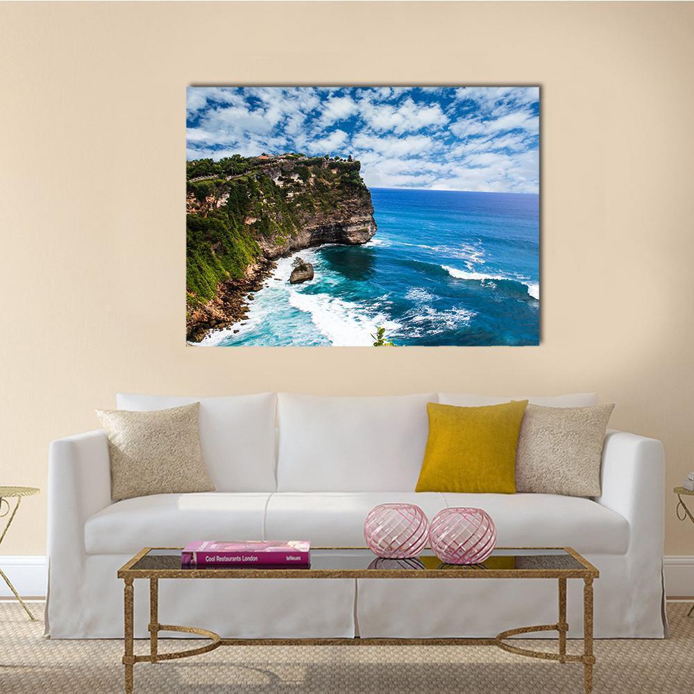 Bali Uluwatu Cliff Seascape Canvas Wall Art in white, green and blue, single panel hung on a wall