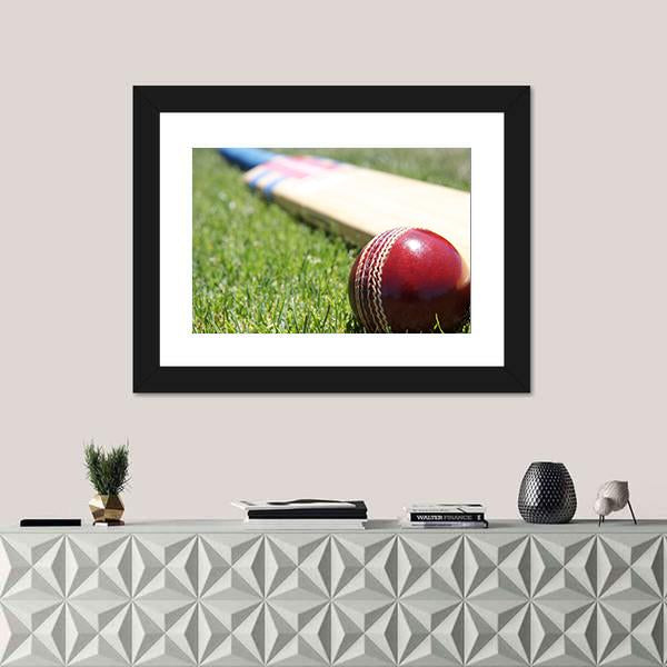 Ball &amp; Bat On Grass Canvas Wall Art-1 Piece-Framed Print-20&quot; x 16&quot;-Tiaracle