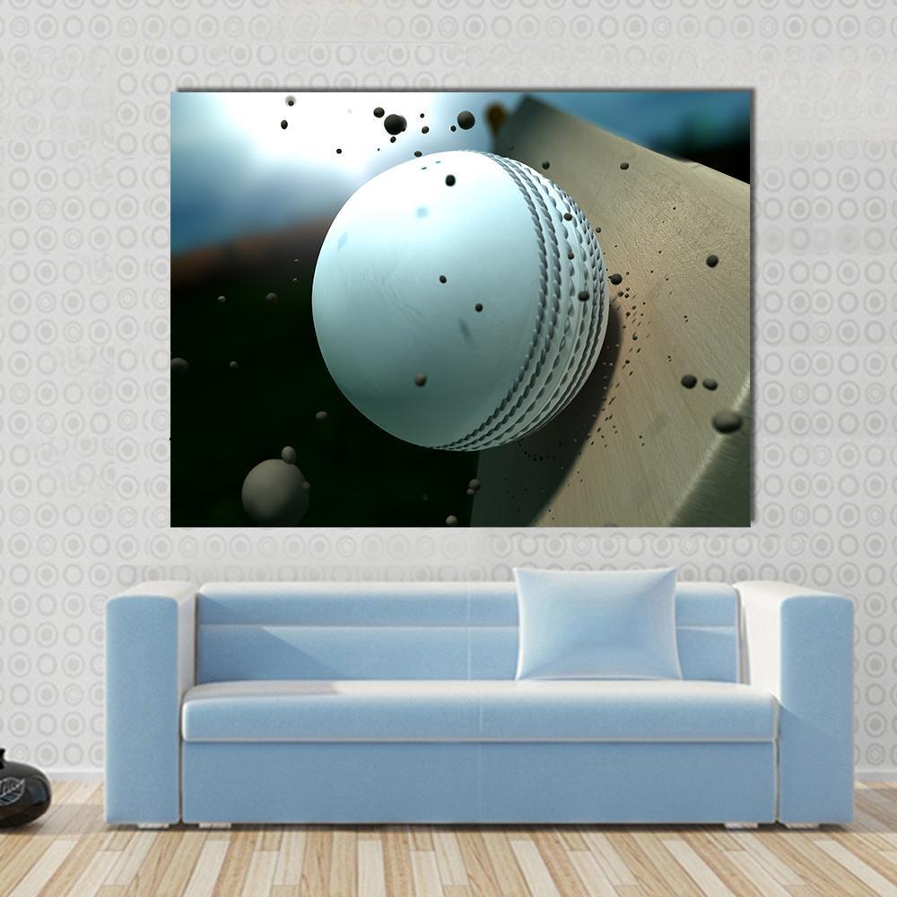 Ball Hitting Bat Canvas Wall Art in black, white and beige, single panel hung on a wall