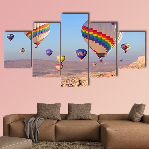 Balloons Flying At Cappadocia Canvas Wall Art-5 Star-Gallery Wrap-62&quot; x 32&quot;-Tiaracle