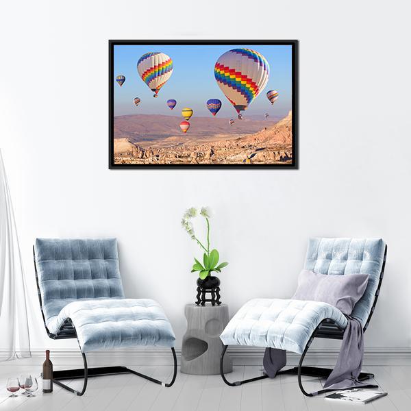Balloons Flying At Cappadocia Canvas Wall Art-3 Horizontal-Gallery Wrap-25" x 16"-Tiaracle